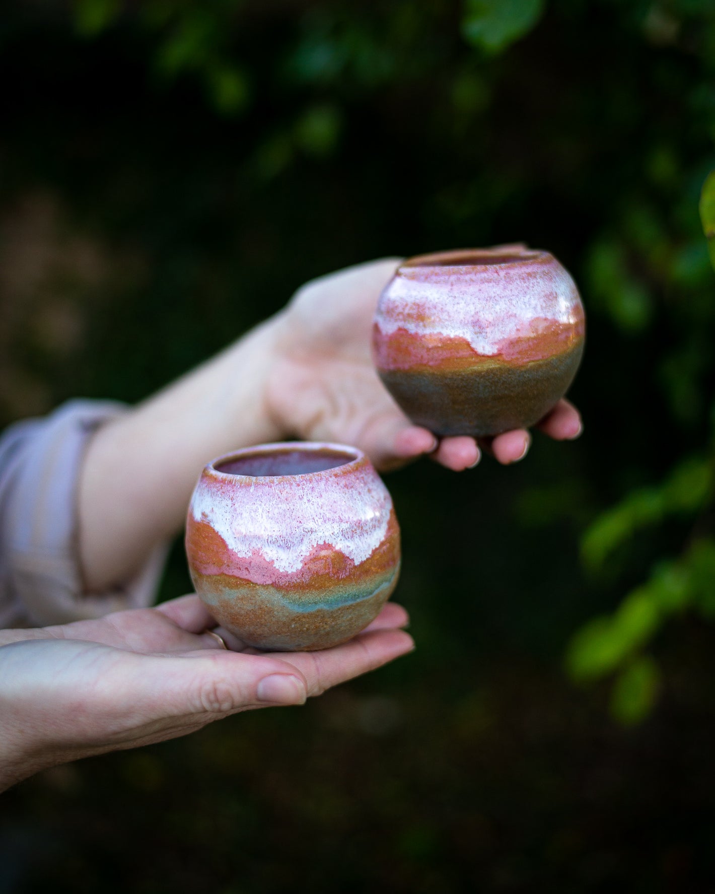 Desert Sunrise cacao cups which are beautiful functional pottery pieces by Dirtbag Ceramics. Inspired from the Pacific Crest Trail (PCT) and Continental Divide Trail (CDT)